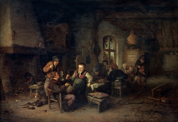 'The Interior of an Inn with Nine Peasants and a Hurdy-Gurdy Player,' 1653. Artist: Adriaen van Ostade