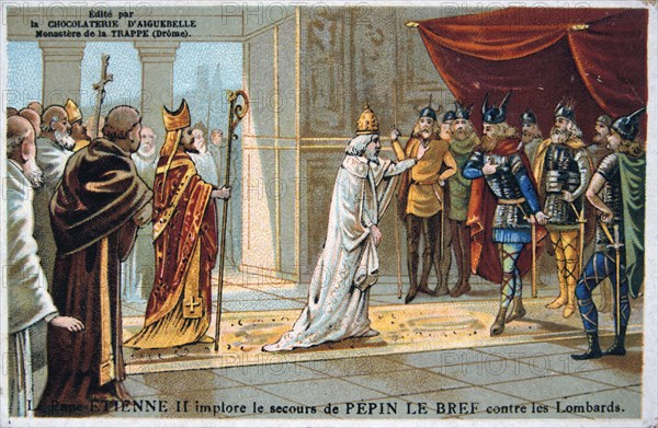 Pope Stephen II pleads for the safety of Pepin the Short from the Lombards, c750 AD, (19th century). Artist: Unknown