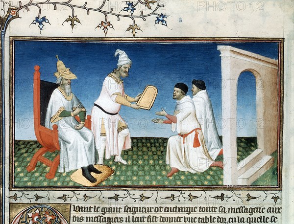 Kublai Khan gives the Polos their passport, c1280s, (early 15th century). Creator: Boucicaut Master.