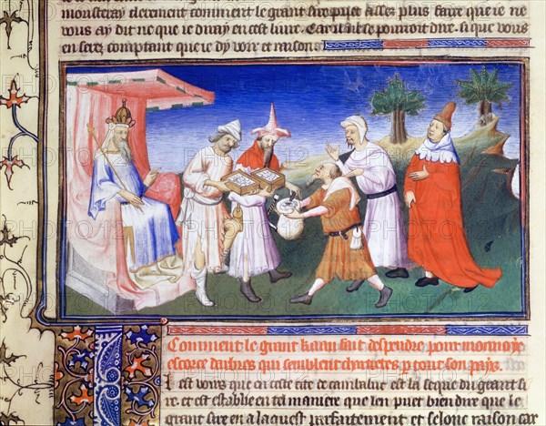 Kublai Khan paying for purchases, c1280s, (early 15th century). Creator: Boucicaut Master.