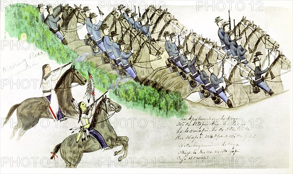 Beginning of the Battle of the Little Big Horn, Montana, USA, 25 June 1876, (c1900). Artist: Amos Bad Heart Buffalo