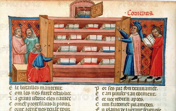 Monks and students in a library, 15th century. Artist: Unknown
