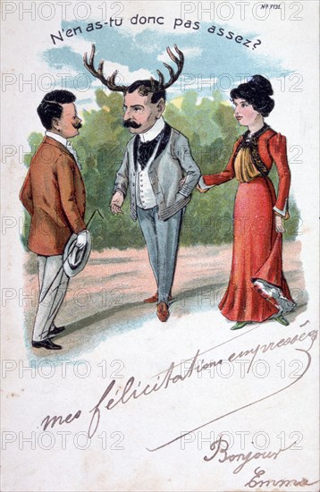 French adultery caricature postcard, c1900. Artist: Unknown