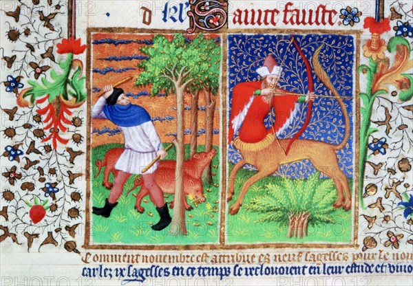 November: feeding pigs, and Sagittarius, c1423. Artist: Unknown