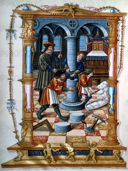 Masons building a pillar in a church, c1525. Artist: Unknown