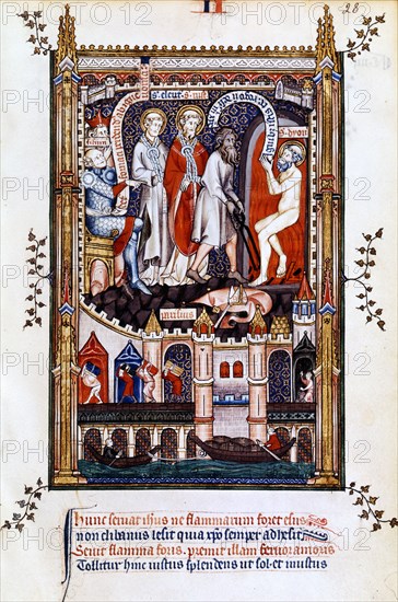 St Denis is thrown into the furnace, 1317. Artist: Unknown