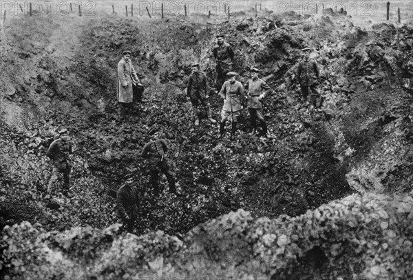 A crater caused by the explosion of a mine, Western Front, 1917. Artist: Unknown