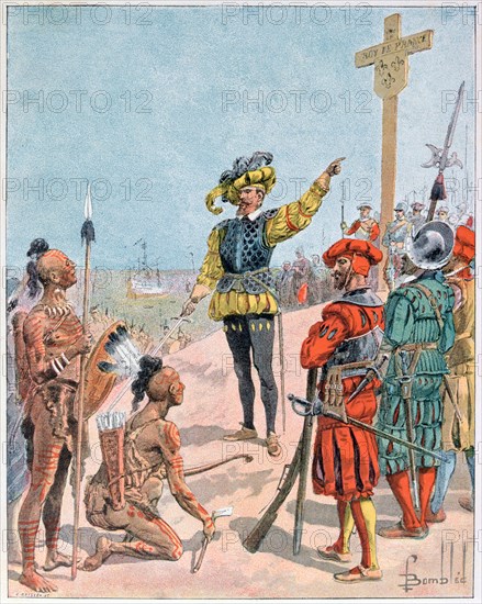 Jacques Cartier takes possession of the Bay of Gaspe, Canada, 1534 (1900). Artist: L Geisleh