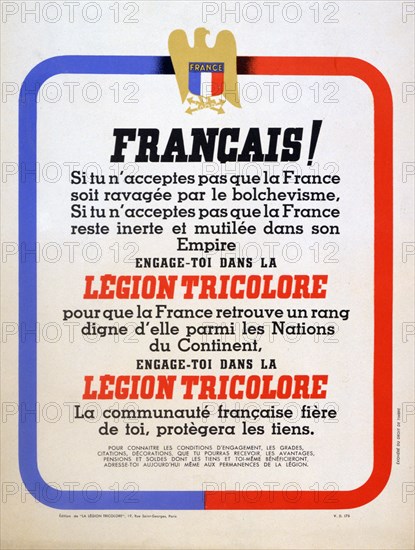 Recruitment poster for the Vichy French Légion Tricolore, 1942. Artist: Unknown