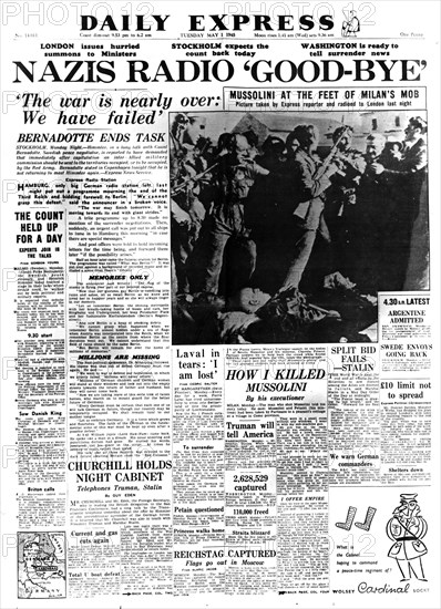 Nazis Radio 'Good-bye', front page of the Daily Express, 1 May 1945. Artist: Unknown