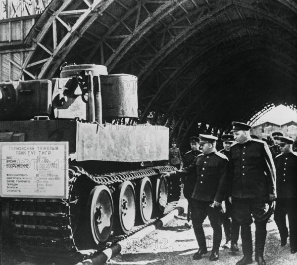 Russian generals inspecting an exposition of captured German armaments, Russia, 1943. Artist: Unknown