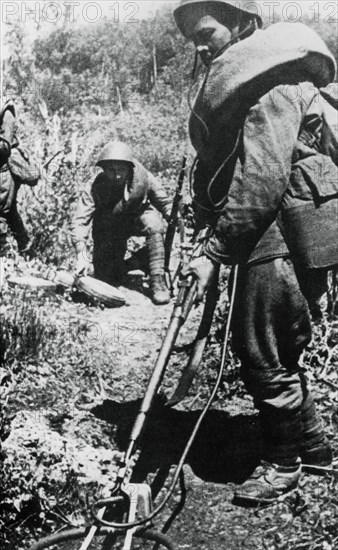 Russian soldiers clearing mines, west of Minsk, 1944. Artist: Unknown