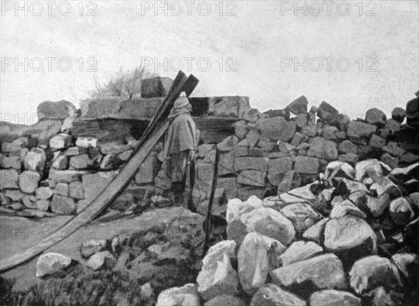 An Algerian soldier on sentry duty, Artois, France, 1915. Artist: Unknown