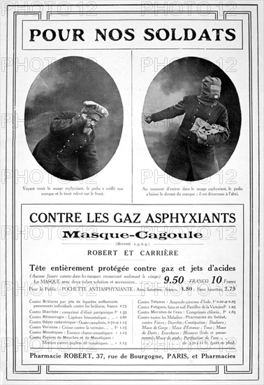 Masque cagoule (Gas mask) advertisement, 1915. Artist: Unknown