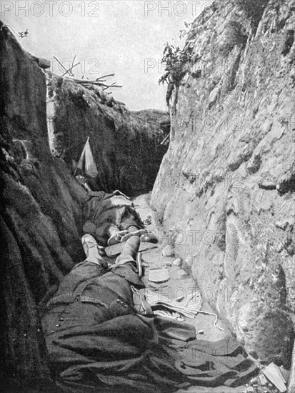 In one of the trenches of Quennevières, Battle of Champagne, 1915. Artist: Unknown