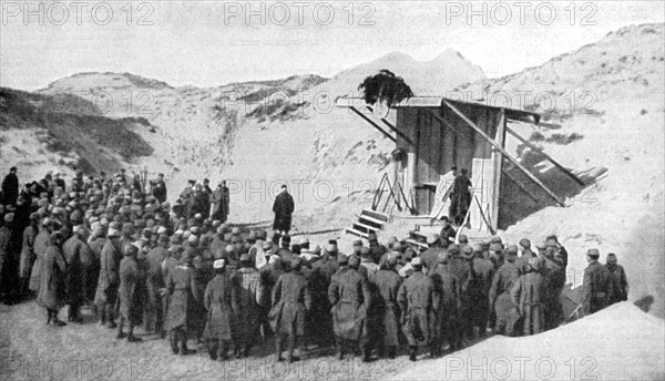 Easter mass in the dunes on the beaches of Belgium by the North Sea, World War I, 1915. Artist: Unknown