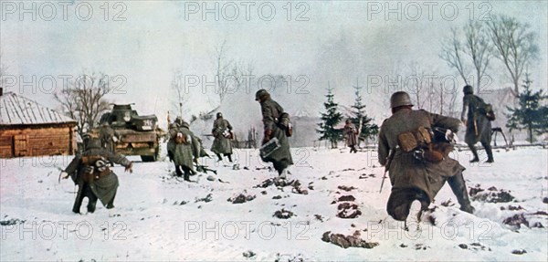 German infantrymen following a tank towards Moscow in the snow, Russia, 1941. Artist: Unknown