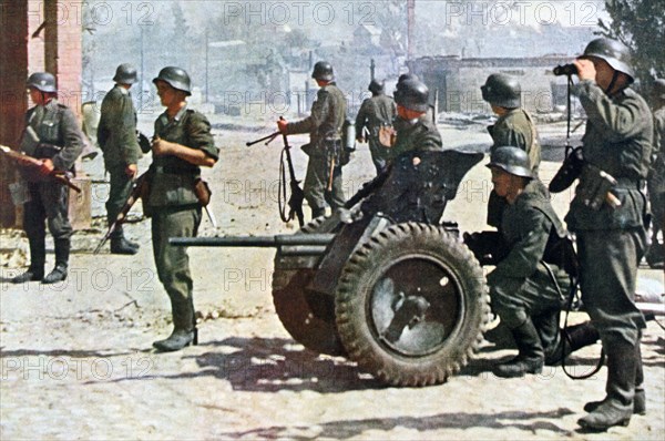 German infantrymen with light field artillery, Russia, 1943. Artist: Unknown