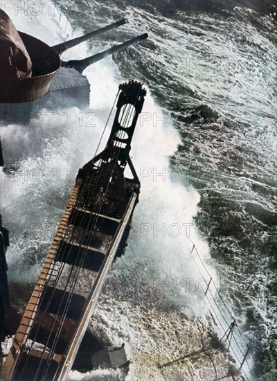 German warship battling the Atlantic seas, 1942. Artist: Unknown