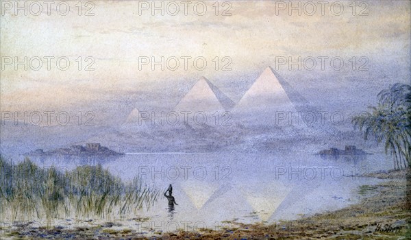 'The Pyramids During the Nile Flood', Egypt, 1888. Artist: Henry Noel Shore