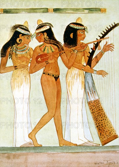 Ancient Egyptian musicians and a dancer, 1910. Artist: Walter Tyndale