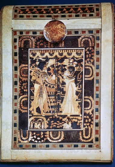 Lid of a coffer showing Tutankhamun and his wife Ankhesenamun in a garden, 14th century BC. Artist: Unknown