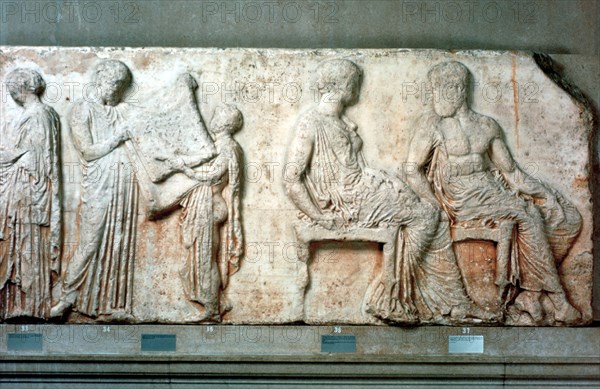 The sacred robe of Athena held up by cult officials, and Athena and Hephaistos, 438 BC. Artist: Unknown