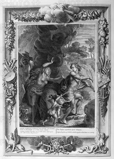 Orpheus, leading Eurydice out of Hell, looks back upon her and loses her forever, 1733. Artist: Bernard Picart