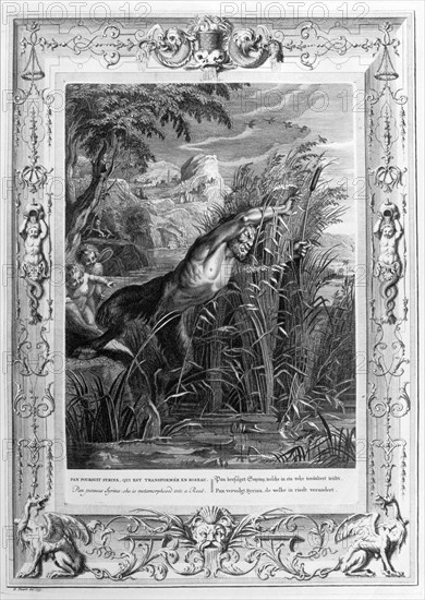 Pan pursues Syrinx who is transformed into a reed, 1733. Artist: Bernard Picart