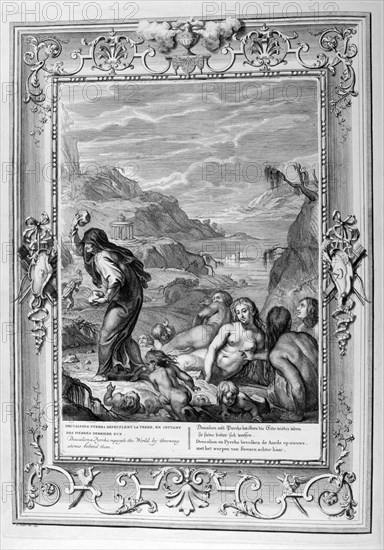 Deucalion and Pyrrha repeople the world by throwing stones behind them, 1733. Artist: Bernard Picart