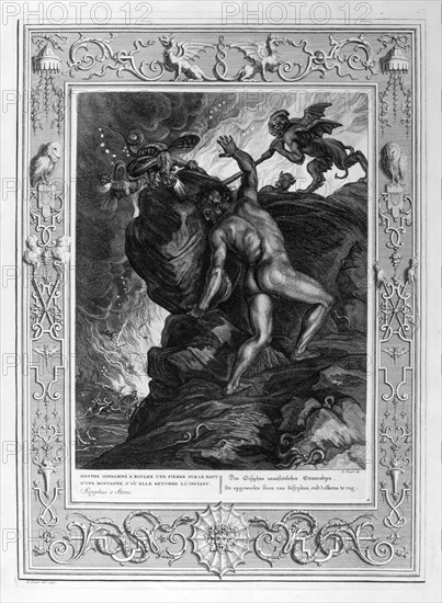 Sisyphus pushing his stone up a mountain, 1733. Artist: Bernard Picart