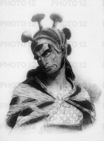 Hawaiian warrior wearing a helmet with a mushroom ornamented crest, 1819. Artist: Jacques Etienne Victor Arago