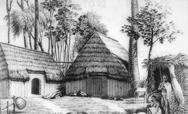 The house of the chief, Kalaimoku, 1819.  Artist: Alphonse Pellion