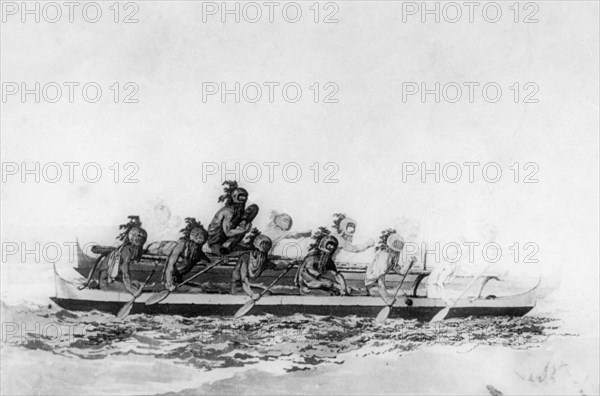 Masked Hawaiians in a double canoe, c1770-1793.  Artist: John Webber