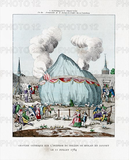 Satirical engraving on the fire of the balloon of Miolan and Janinet 1784 (1887). Artist: Gaston Tissandier