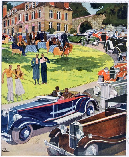 The departure of an automobile rally, 1931. Artist: Guy Sabran