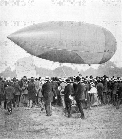 Alberto Santos-Dumont landing his airship number 9 in Longchamp, Paris, 1903. Artist: Unknown