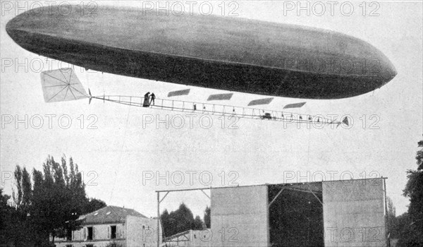 Alberto Santos-Dumont flying his airship number 10, 1903. Artist: Unknown