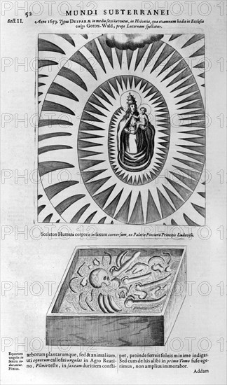 Virgin and child and a human skeleton, 1678. Artist: Athanasius Kircher