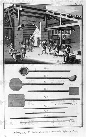 A forge, furnace, pouring into the cast, 1751-1777. Artist: Denis Diderot