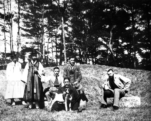 Western visitors with locals, Nam San, Korea, 1900. Artist: Unknown