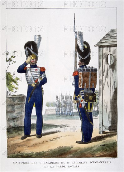 Uniforms of the grenadiers.. of the French royal guard, 1823. Artist: Charles Etienne Pierre Motte