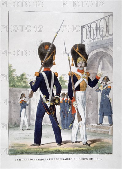 Uniforms of foot soldiers of the French royal corps, 1823.  Artist: Charles Etienne Pierre Motte