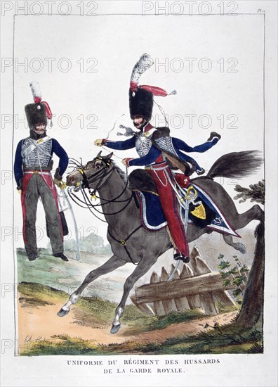 Uniforms of a regiment of hussars of the French royal guard, 1823.  Artist: Charles Etienne Pierre Motte