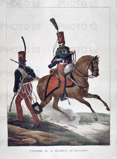 Uniforms of the 6th regiment of French hussars, 1823.  Artist: Charles Etienne Pierre Motte
