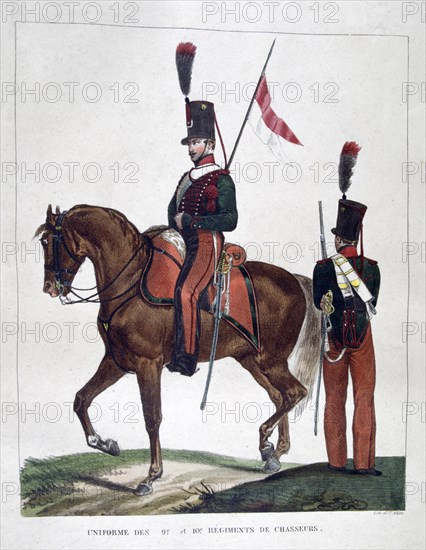 Uniforms of the mounted 9th and 10th chasseur regiment, 1823.  Artist: Charles Etienne Pierre Motte