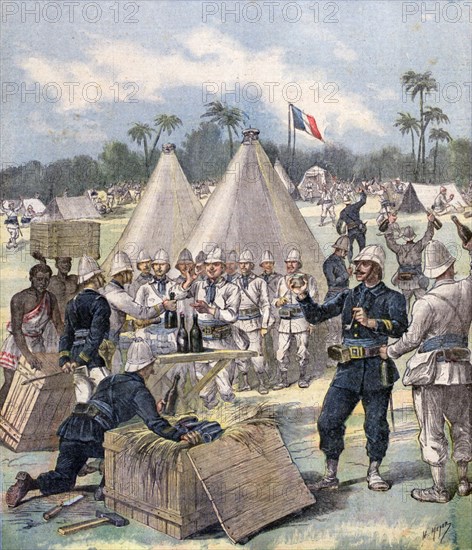 French soldiers opening New Year's gift boxes in Dahomey, Africa, 1892. Artist: Henri Meyer