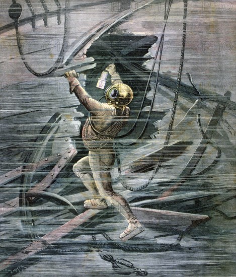 A diver searching a wreck in La Havre harbour, France, 1892. Artist: Henri Meyer