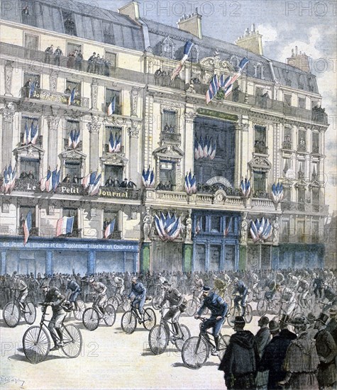 Start of the Paris-Brest-Paris cycle race, 1891. Creator: F Meaulle.