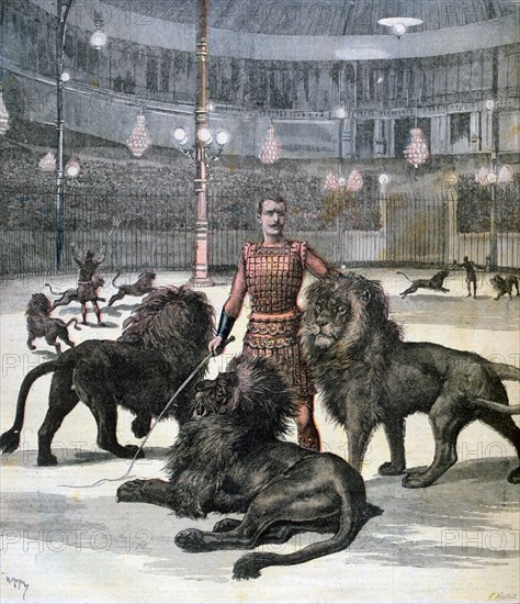 Lion taming at the L'hippodrome, Paris, 1891. Creator: Henri Meyer.